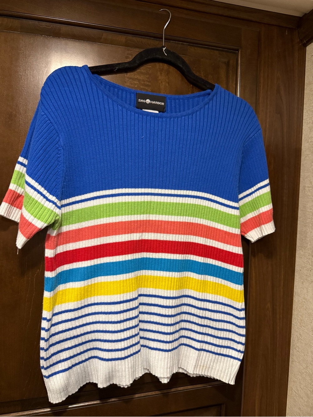 Sag Harbor Bright Blue Short Sleeve Ribbed Sweater with Multicolor Stripes